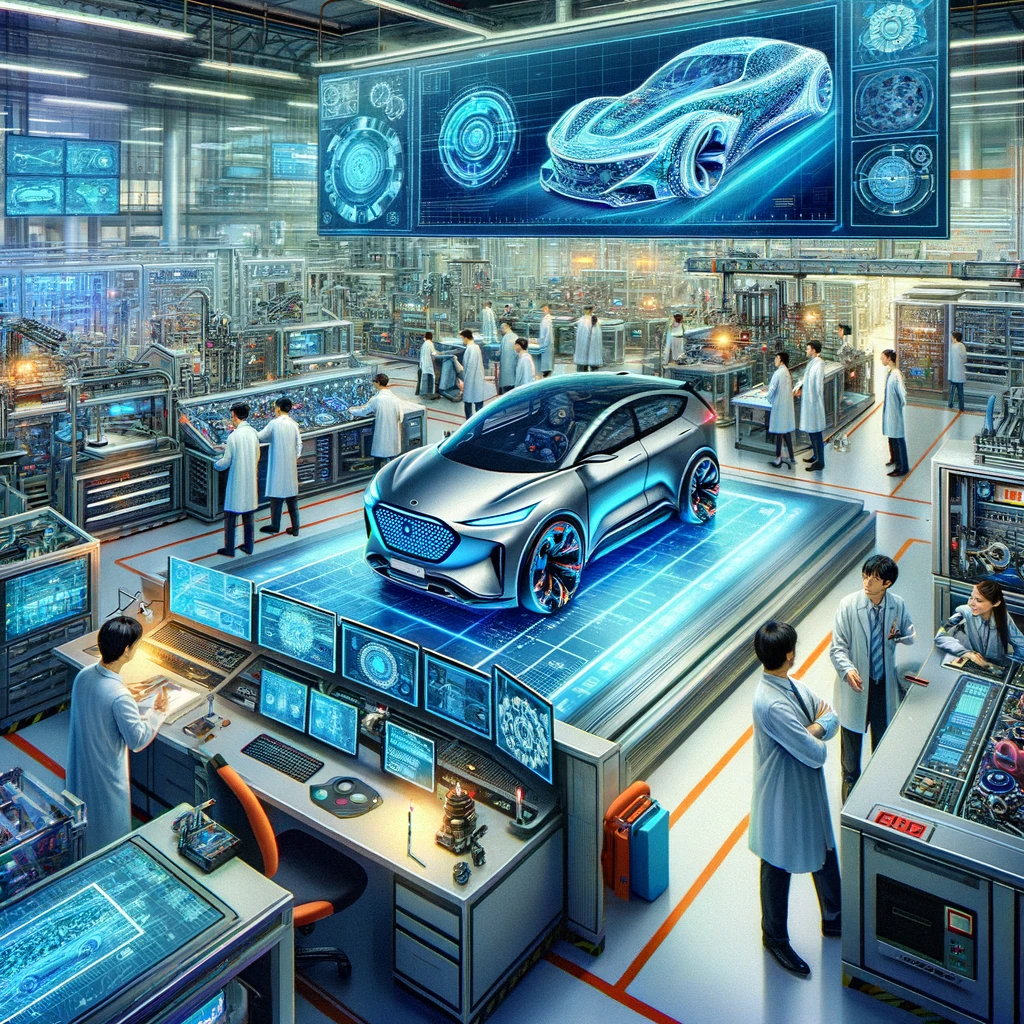 Interior of Mobis Inc featuring a diverse team of engineers and scientists working on an advanced car prototype in a futuristic automotive technology lab with digital screens and machinery.