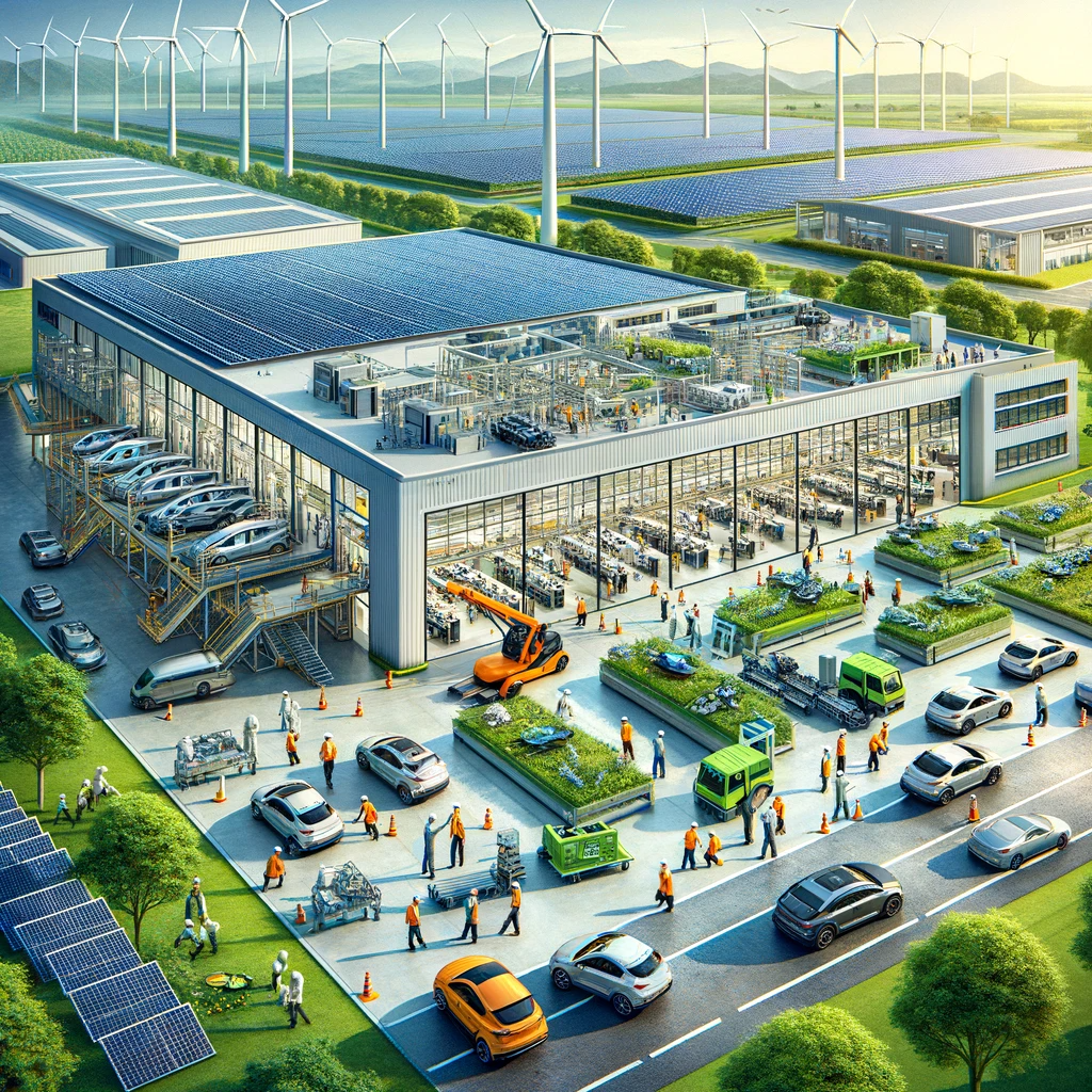 Modern sustainable automotive facility of Mobis Inc with solar panels and wind turbines, engineers assembling eco-friendly vehicles, surrounded by a green landscape.