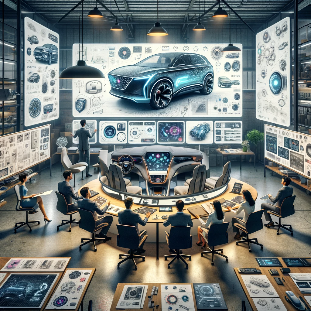 Modern automotive design studio at Mobis Inc with diverse team working on car interiors, showcasing ergonomic designs and high-tech interactive dashboards.
