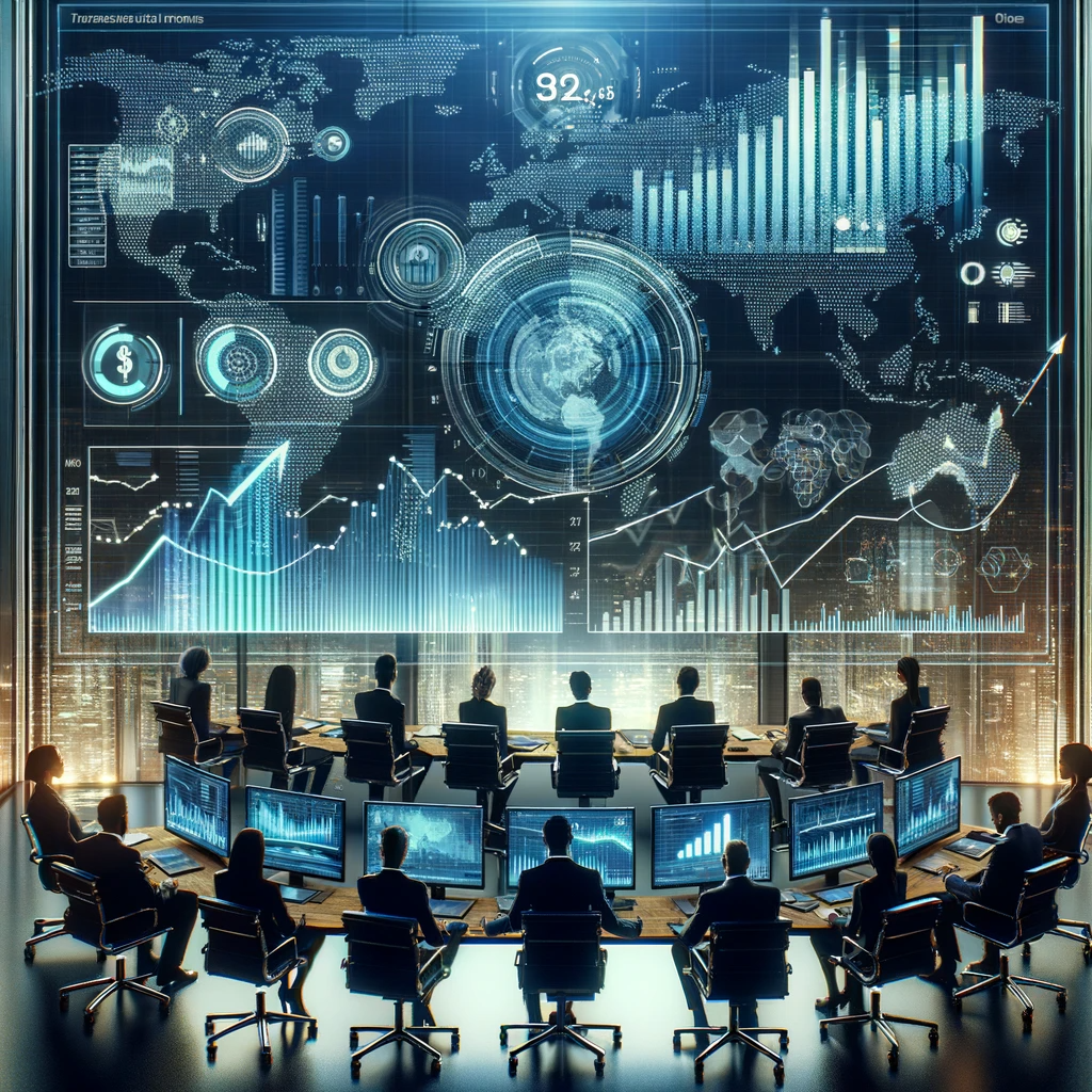 Corporate team analyzing Mobis Inc's economic growth, with digital screens showing upward financial trends and global market data in a sophisticated setting.