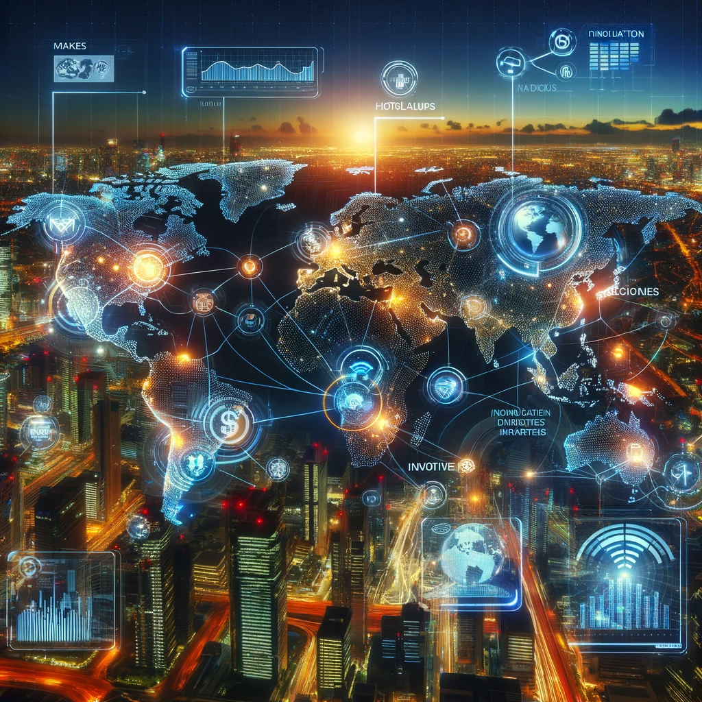 Interactive global map with highlighted points and lines showing Mobis Inc's influence in the automotive markets worldwide, set against a cityscape backdrop.