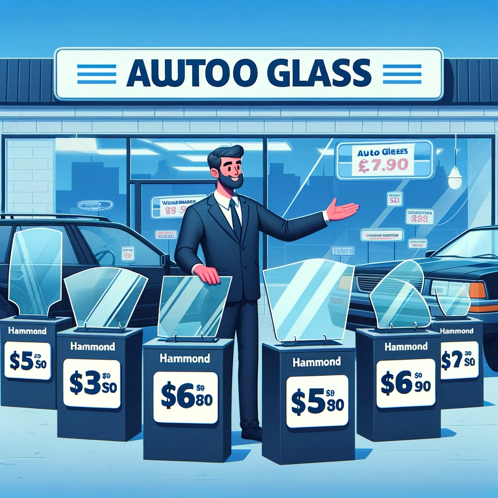 Display of various windshields and windows with affordable prices at an auto glass shop in Hammond.