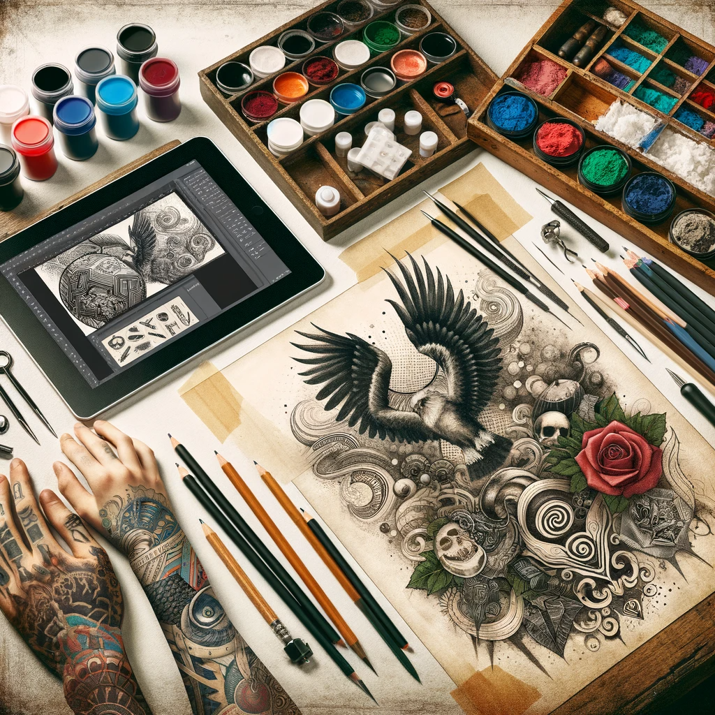 A tattoo artist's workspace showcasing a blend of traditional and modern design tools for tattoo sleeve creation.
