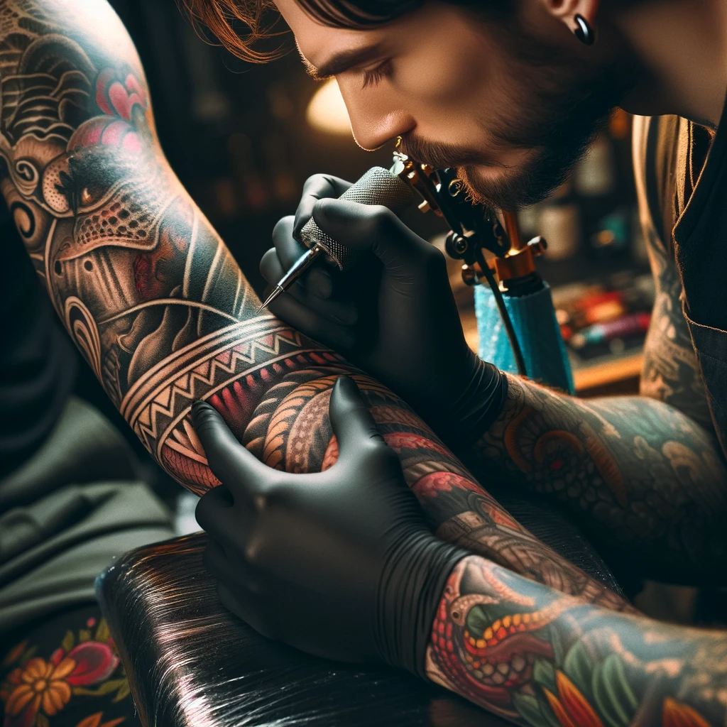 A tattoo artist skillfully working on a detailed tattoo sleeve on a client's arm, showcasing fine lines and vibrant colors.