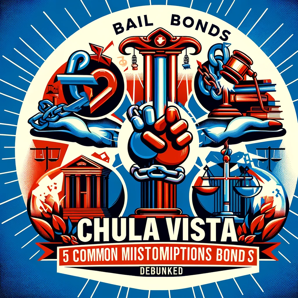 An image showing five symbolic icons representing common misconceptions about Chula Vista bail bonds, set against a stylized background of the city.