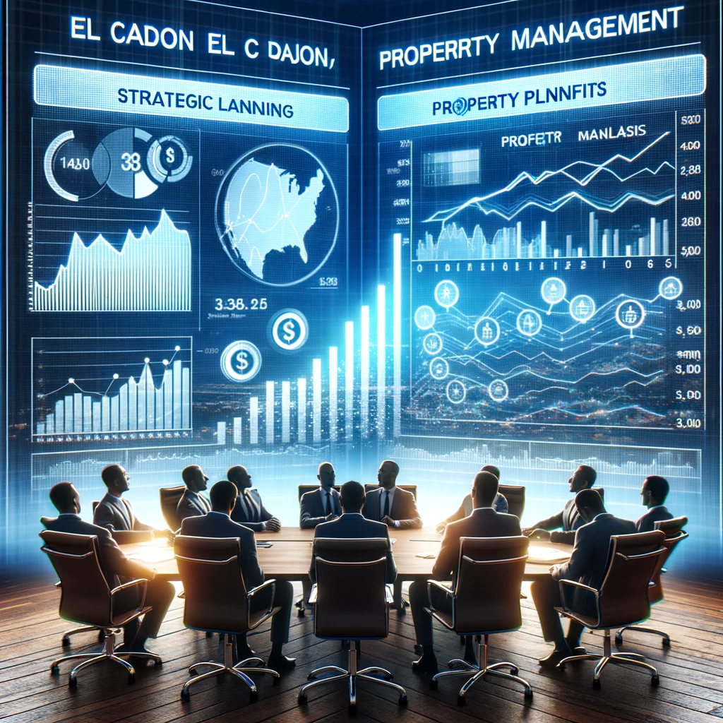 Top El Cajon property managers in a conference room discussing profit maximization strategies, with financial graphs and property analytics displayed on a large screen.