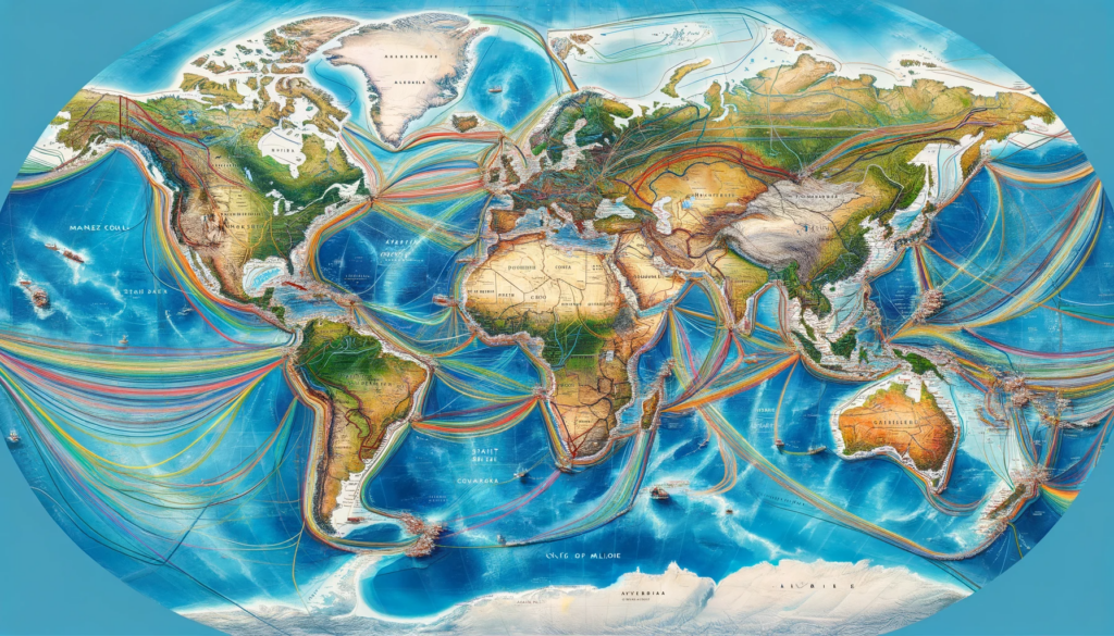 Illustrative map showcasing major global shipping routes, with colored lines representing maritime pathways connecting continents and key ports, including the Panama Canal, Suez Canal, Strait of Malacca, and the Cape of Good Hope.