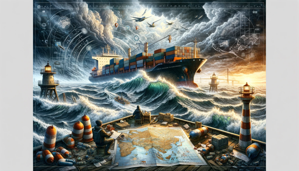 A dynamic scene showing a large cargo ship battling rough seas, with high waves and strong winds. Stormy skies loom overhead, and navigational challenges are represented by buoys and lighthouses. The ship's captain is seen studying a map with obstacles, while the crew secures cargo on deck.