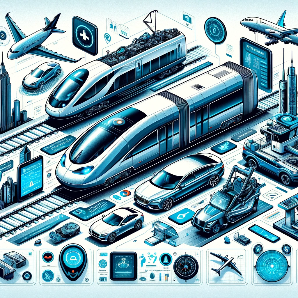 Book cover showcasing various modern transportation modes like high-speed trains, electric buses, autonomous cars, and airplanes, highlighting safety features such as seat belts, airbags, and navigation systems.