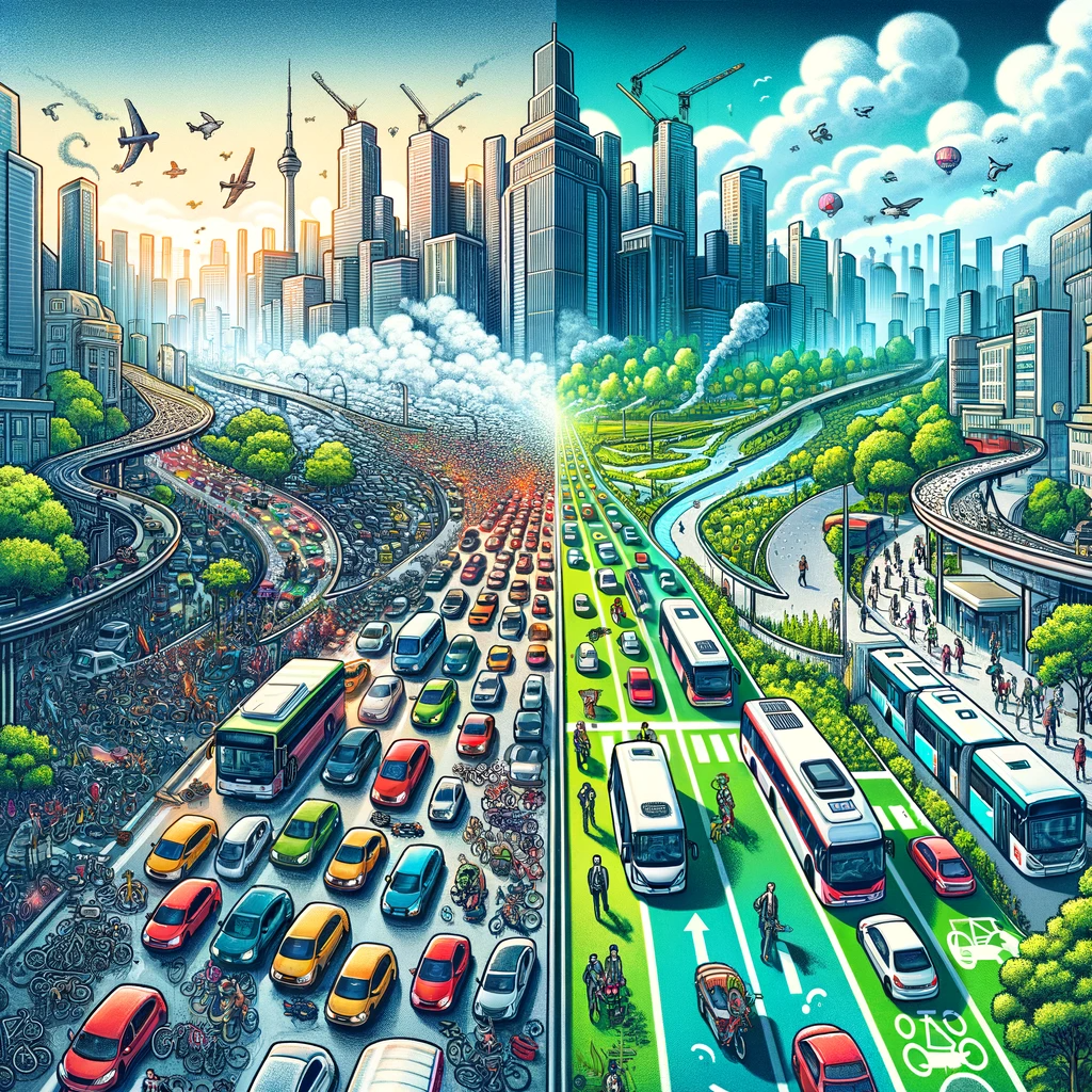 Illustration of a city divided by traffic congestion and efficient transportation solutions, showing congested roads on one side and smooth, green transit options on the other.