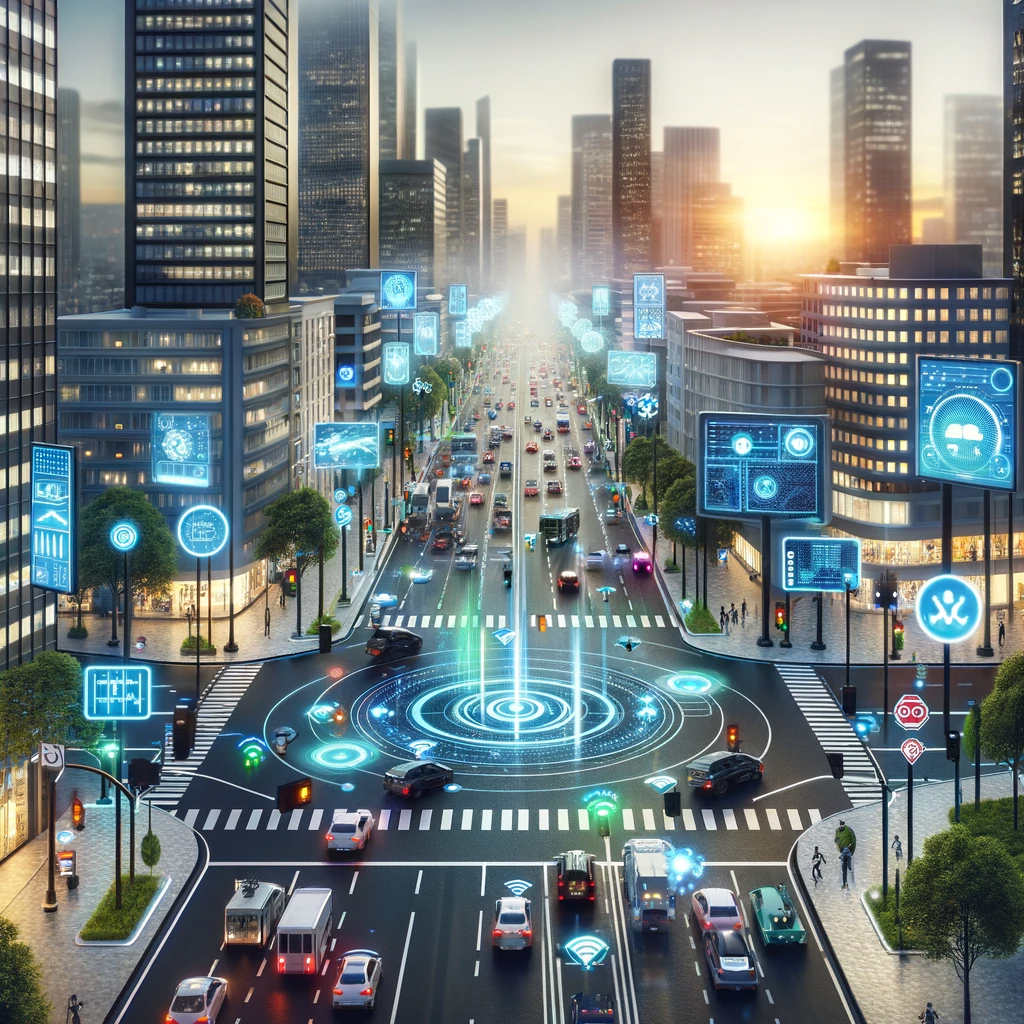 Urban intersection managed by Intelligent Transportation Systems, featuring advanced traffic signals, digital boards, and smart vehicles.