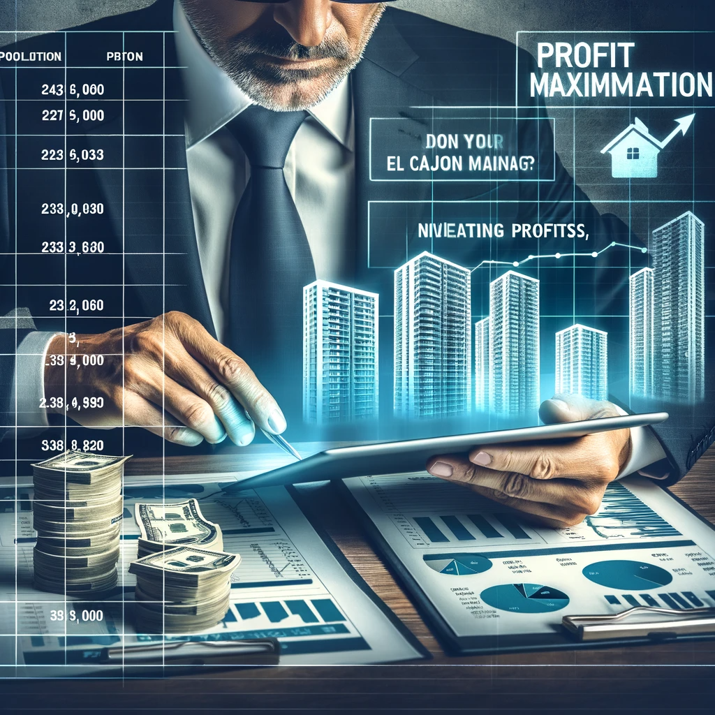 El Cajon property manager analyzing profit maximization strategies on a tablet, surrounded by property portfolios and financial charts.