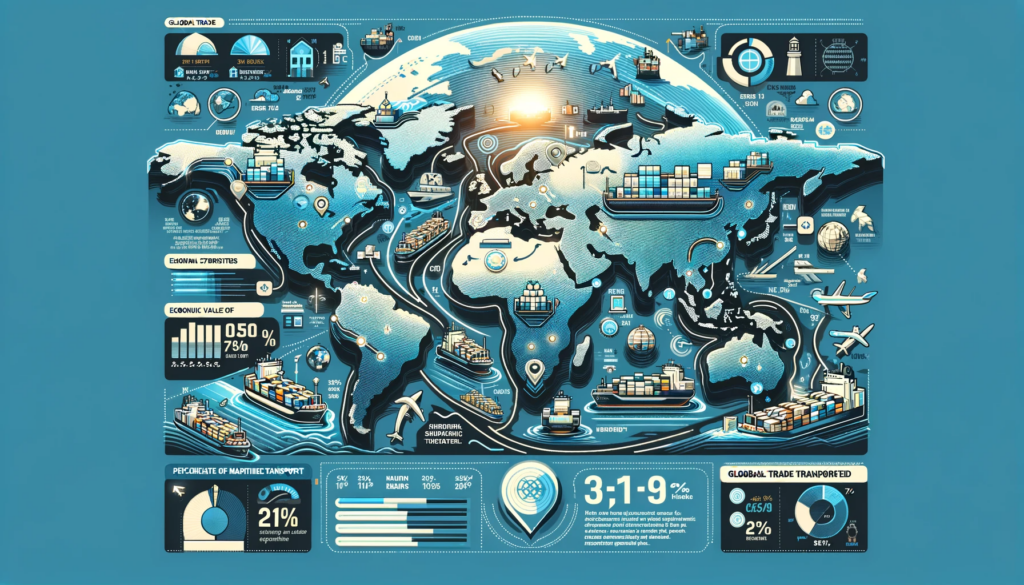 Infographic on the significance of shipping routes in international trade, featuring a world map with highlighted shipping paths, icons, and statistical annotations.