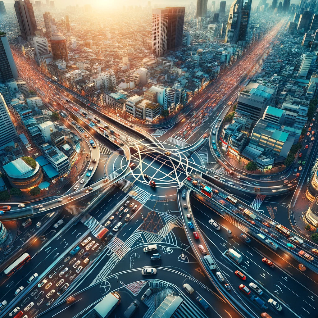 Aerial view of a vibrant urban area with efficient traffic management, showcasing cars, buses, bicycles, and pedestrians on well-organized roads.