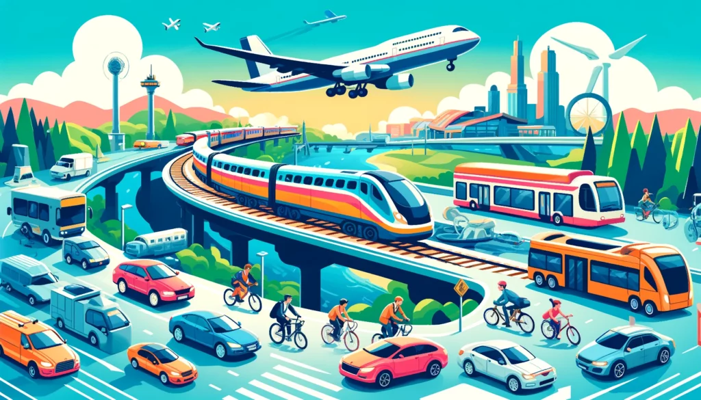 An illustrated scene of diverse transportation modes with an airport, planes, trains, cars, buses, bicycles, pedestrians, and a ferry.