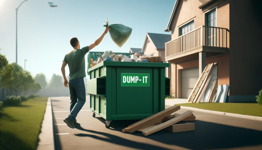 Person throwing trash into a green Dump-It dumpster in a residential area.