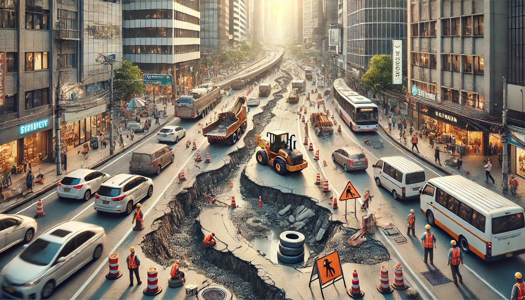 "Road maintenance challenges in urban areas, showcasing a busy street with potholes, construction workers, heavy traffic, and detour signs amidst tall modern buildings and bustling activity."