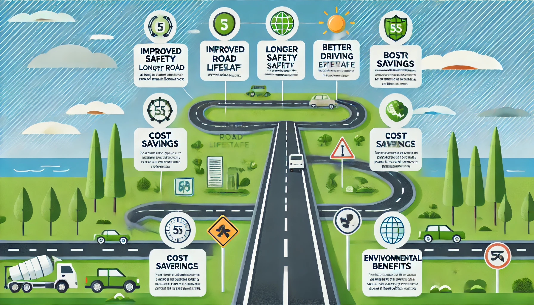 "Infographic illustrating the benefits of regular road maintenance, featuring icons and labels for improved safety, longer road lifespan, cost savings, better driving experience, and environmental benefits, set against a background of a well-maintained road with green landscapes and clear blue skies."