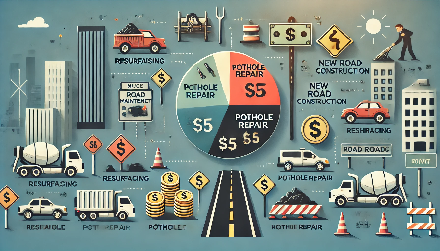Infographic illustrating road maintenance funding and budget allocation with a pie chart showing categories like resurfacing, pothole repair, and new road construction. Includes dollar signs, stacks of coins, and icons of roads, construction signs, and traffic cones against a cityscape background with roads and vehicles.